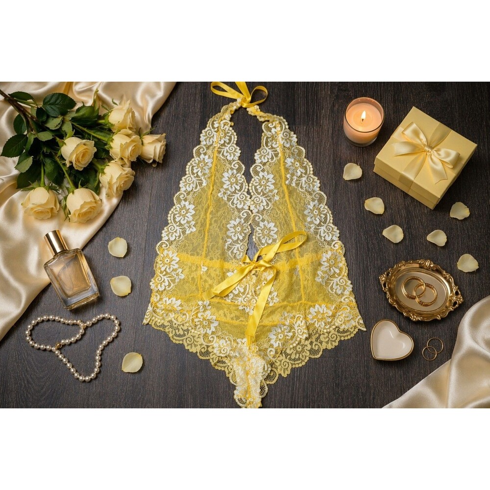 Women’s Yellow Lace Teddy Bodysuit One Piece Lingerie Halter Sheer (000)